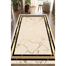 Mermer Desenli Gold Çerçeveli Baskılı Yıkanabilir Kaymaz Salon Oturma Odası Hol Antre Halısı Yolluk Altın