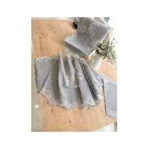 Çeyizlik Firuze Model Gri 5 Parça Keten Dantelli Salon Takımı Runner Seti No 486745 Bzckh1351 Çok Renkli