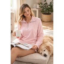 U&me Yarım Fermuar Dik Yakalı Fitil Dokulu Yumuşak Triko Kadın Sweatshirt Şık Ve Rahat Günlük Üst Toz Pembe Çok Renkli