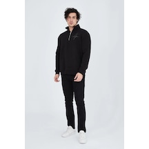 Barlashive Erkek Yarım Fermuarlı Baskılı 3 İplik Pamuklu Sweatshirt - Siyah Çok Renkli
