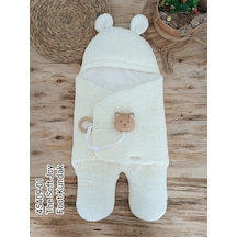 Yenidoğan Kulaklı Şapkalı Açılır Kucaklı Cırt Kapamalı Ayaklı Bebek Battaniyesi Kundak Krem Krem