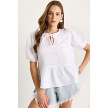 Shade Kadın Yakası Bağlamalı Kolları Lastikli Müslin Bluz 4715 60283498 - Beyaz