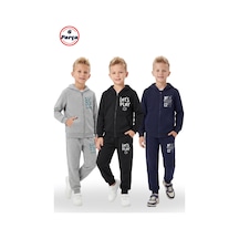 Panios Kids 3'lü Fermuarlı Baskı Detaylı Kanguru Cepli 6 Parça Erkek Çocuk Eşofman Takımı Gri - Siyah - Lacivert