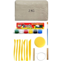 Beyaz Seramik Hamuru 2 Kg Kil Plastik Ebeşuar Seti 6x15 Ml Akrilik Set Çamur Kesme Teli Rötuş Sünger