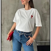Unisex Bisiklet Yaka Baskılı Oversize T-shirt - Beyaz Beyaz