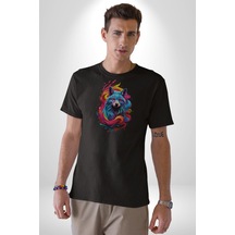 Renkli Kurt Unisex Unisex Siyah Organik Baskılı T-shirt Penye Yüksek Kalite Siyah