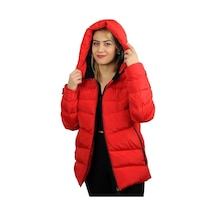 Spor Kadın Polarlı Kürklü Kapüşonlu Su Geçirmez Rüzgara Dayanıklı Şişme Mont Parka-104 Kırmızı