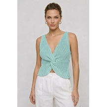 Neden Tekstil Twist Knot Detaylı Premium Kadın Triko Bluz V Yaka Örgü Dokulu Şık Crop Tasarım - Turkuaz