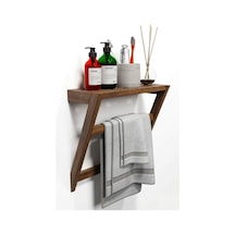 Matkap Gerektirmeyen Ahşap Banyo Rafı Ve Havluluk - 50x40 Cm - Yapışkanlı Duvar Rafı Kahverengi