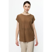 On Minimalist Oversize Kadın Bluz - Yuvarlak Yaka Kısa Kol Mocca