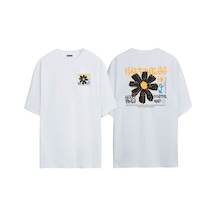 Thewert Unisex Happıness Good Vibes Siyah İçin Ön Arka Baskılı Beyaz Oversize T-shirt