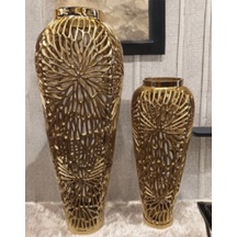 Altın Sarısı Dekoratif Vazo 84x63 Cm Büyük Boy Modern Salon Süs Vazosu