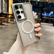 Samsung Galaxy S23 Ultra İle Uyumlu Kamera Lens Aparatlı Stand Olabilen Magsafe İle Uyumlu Kamera Korumalı Şeffaf Full Color Magnetic Wireless Telefon Kılıfı Gri, Galaxy S23 Ultra Çok Renkli