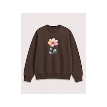 Herkesemoda Çiçek Baskı Detaylı Bisiklet Yaka Şardonlu 2 İplik Sweatshirt Kahverengi