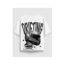 Yolo Street Drifting Racing Baskılı Oversize Tişört %100 Pamuk Streetwear Unisex Beyaz