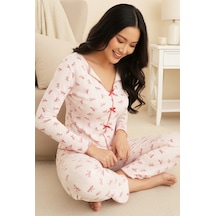 Siyah İnci Pamuklu Fiyonk Detaylı Ajurlu Delikli Örme Pijama Takım7927-4 Pembe