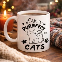 Life İs Purrfect With Cats Kedi Desenli Porselen Kupa Model 62 Sevimli Kedi Figürlü Kahve Kupası Çok Renkli