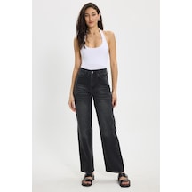 Tudors Kadın Relax Fit Rahat Kesim %100 Pamuk Cepli Geniş Paça Siyah Jean Kot Pantolon-50732