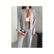 Winmoda34 Kadın Modal Kumaş Kolej Yaka Fermuarlı Cepli Bol Paça Takım Gri