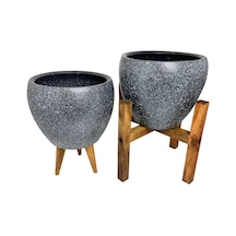 Bitki Tasarımı Ev Dekorasyon Gri Granit Toprak Saksı Saksılık Salon Çiçeklik İkili Set 3 Ayaklı- 4 Ayaklı- 15 CM