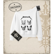 Tarzsokak Gotik & Grunge Streetwear Meowtallıca Kayık Yaka Sweatshirt Beyaz