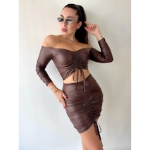 Kadın Büzgülü Deri Etek Takım Fırsat Ürün Kahve