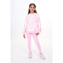 Toontoy Kids Toontoy Kız Çocuk 2'li Takım Baskılı Kapüşonlu Düşük Omuz Cepli Sweatshirt & Basic Düz Tayt Pembe