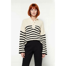 Ersefa Kadın Basic Çizgili Oversize Dik Yaka Triko Kazak Uzun Kollu Crop Ekru