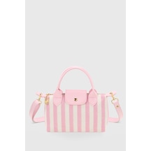 Housebags Pembe Çizgili Kanvas Çok Yönlü Pu Deri Çapraz Askılı Çanta Pembe Çizgili