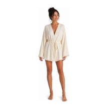 Kadın Ekru Müslin Kimono Bornoz Kuşaklı, Püskül Detaylı, Oversize Rahat Kesim Plaj & Ev Giyim Krem