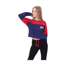 Toontoy Kız Çocuk Relax Fit Yuvarlak Yaka Düşük Omuz Renk Bloklu Baskılı Crop Sweatshirt - Beli Ayarlanabilir &2 İplik Kırmızı