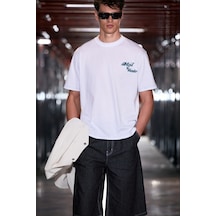 Grımelange Farıd Erkek %100 Organik Pamuklu Baskı Detaylı Yuvarlak Yaka Regular Fit Beyaz T-shirt