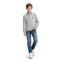 İrem Çocuk Giyim Erkek Çocuk Brooklyn Yazılı Polo Yaka Yakası Çizgi Desenli Gri Renk Polo Yaka Sweatshirt Gri