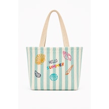 İcone Bag Çocuk Plaj Çantası, Nakışlı Çizgili Kız Plaj Çantası, Kids Beach Bag, Lila Çizgili Çocuk Plaj Çantası Yeşil