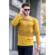 Madmext Hardal Çizgili Bisiklet Yaka Triko Kazak 5961 Hardal