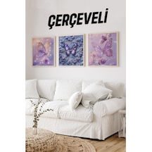 Mor Kelebekli Mdf Tablo Seti Ahşap Çerçeveli 3 Lü Saatli Kombin Renkli