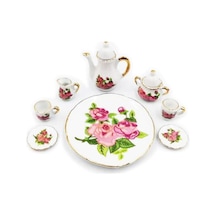 Dollhouse Çay Fincanı Setleri 1:6 Ölçekli Minyatür Porselen Bebek Evi Aksesuarları 8 Parça Çiçek Desenli Çayda Diğer