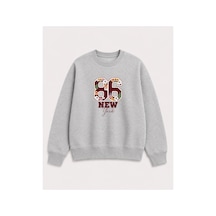 Herkesemoda Rakam Ve Çiçekler Baskı Detaylı Bisiklet Yaka Şardonlu 2 İplik Sweatshirt Gri