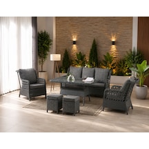 Vi Lza 7 Kişilik Rattan Bahçe Balkon Teras Oturma Grubu Gri Minderli 3+1+1 80x140 Cm Masa, 2 Adet Puf - Antrasit