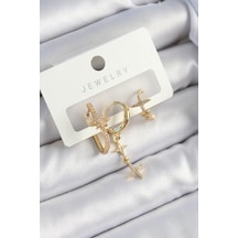 Pirinç Zirkon Taşlı Yıldız Model Gold Renk 3& 39lü Çift Kadın Küpe Set Altın