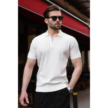 Beyaz Polo Yaka Slim Fit Triko Erkek Tişört E7465 Beyaz