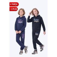 Fyk Kids 3 İplik Baskılı Kışlık Kanguru Cepli Kapüşonlu Kız Çocuk 2'li Eşofman Takımı 4 Parça Lacivert-siyah