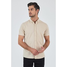 İmza Bej Kısa Kol Düz Örme Düğmeli Yaka Cepsiz Pamuklu Classic Slim Fit Gömlek 1004250155 591 Bej