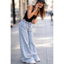 Kadın Yeni Sezon, Açık Mavi, Beli Lastikli, Bağcıklı, Cepli, Bol Paça, Palazzo Denim Jeans Kot Pantolon - Tesettü