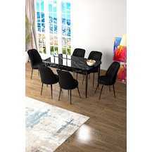 Canisa Zen Serisi 80x132 Mdf Açılabilir Siyah Mermer Desen Masa Takımı Ve 6 Siyah Sandalye Masa Siyah Mermer Desen Sandalye Siyah