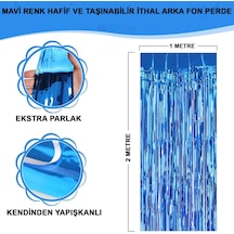 Mavi Renk Ekstra Metalize Parlak Saçaklı Arka Fon Perde İthal A Kalite 1x2 Metre +3
