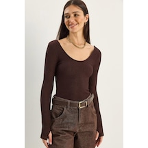 Shade Kadın U Yaka Likralı Basic Bluz 4102 60283783 - Acı Kahve Çok Renkli