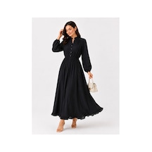 Hira Life Fashion Kadın Çilek Kumaş Ve Önü Düğmeli Eteği Fırfırlı Hakim Yaka Elbise Siyah Siyah