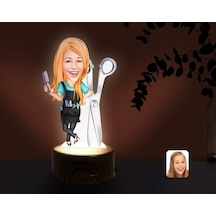 Kişiye Özel Kadın Kuaför Karikatürlü Dekoratif 3D Biblo Led Işıkl