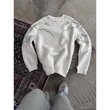 Yıldırım Baskılı Bisiklet Yaka Sweatshirt - Beyaz Beyaz
